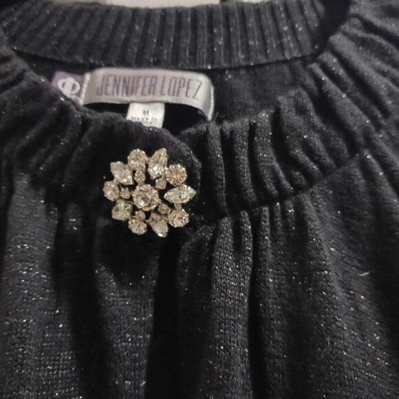 Jennifer Lopez Open Front Cardigan Black - Rhinestone Brooch Med NWT - Picture 5 of 8